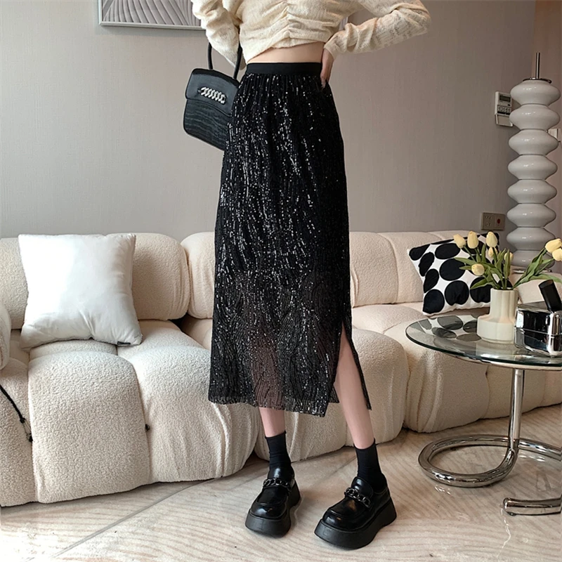 Women Summer Long Skirts Casual Sequined High Waist Elastic Faldas Largas Korean Fashion Y2k Clothes Shinny A Line Black Skirt
