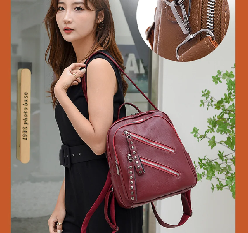 2025 New Women's Fashion Retro Rivet Soft Leather Backpack High Capacity Multifunctional Travel Shoulder Bags Laptop School Bag