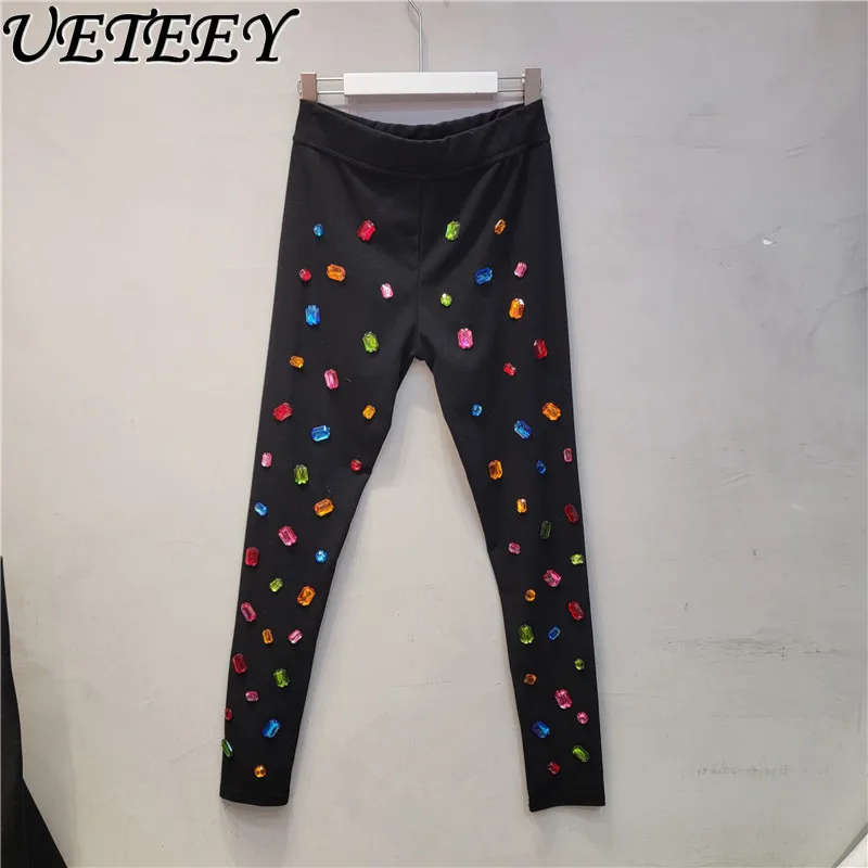 2023 Winter New European Style Design Black Leggings Women\'s Elastic Waist Color Rhinestone Slim Fit Fitness Leggings Female