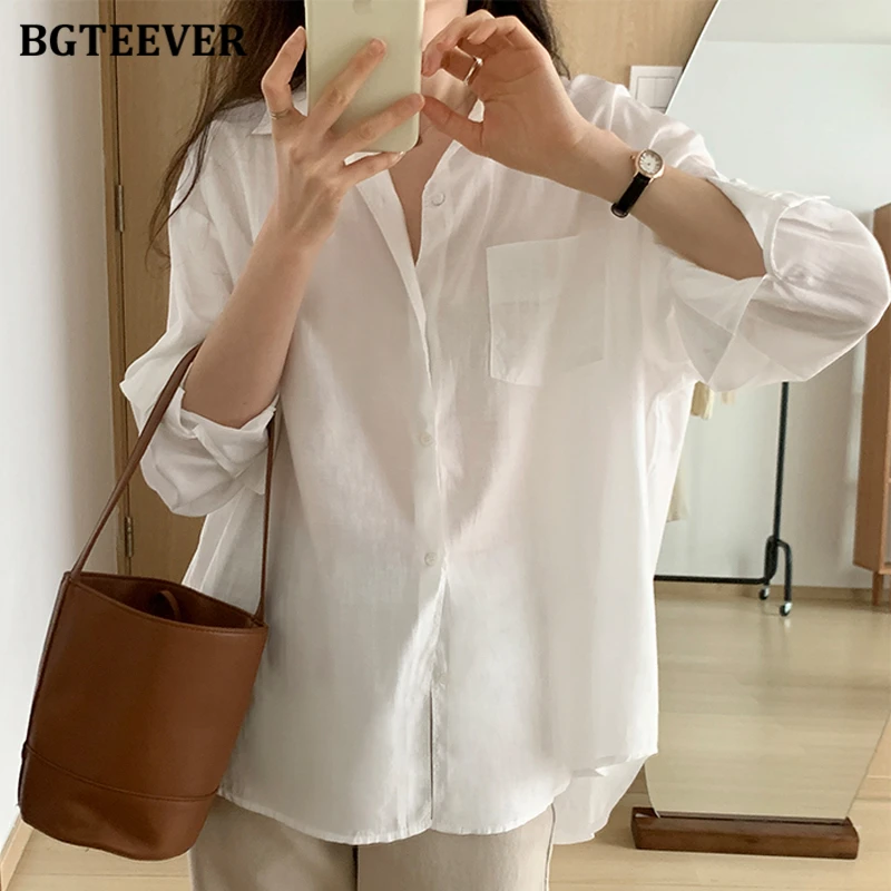 BGTEEVER Casual Full Sleeve Loose Women Blouses Tops Summer Turn-down Collar Pocket Ladies Cotton Shirts Basic