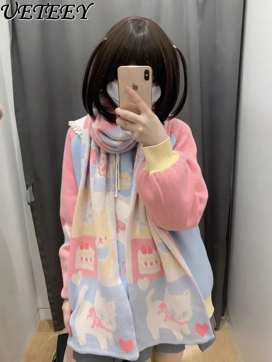 

Japanese Color Printing Splicing Thickened Double-layer Scarf Neck Accessories Cute Sweet Women Autumn Winter Warm Scarf