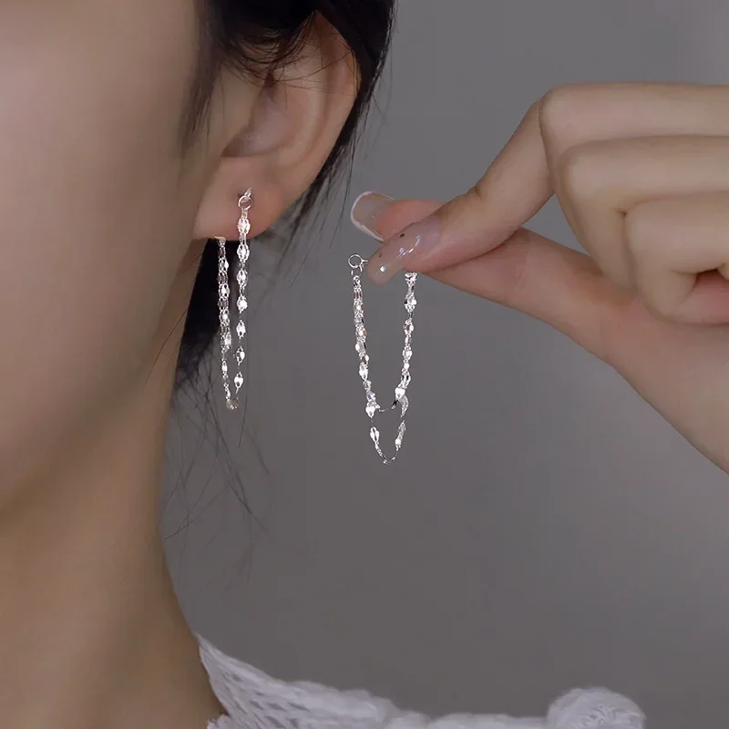 

Silvery Double Layered Tassel Women Earrings Long Sparkling Chain Earrings Exquisite And Fashionable Jewelry