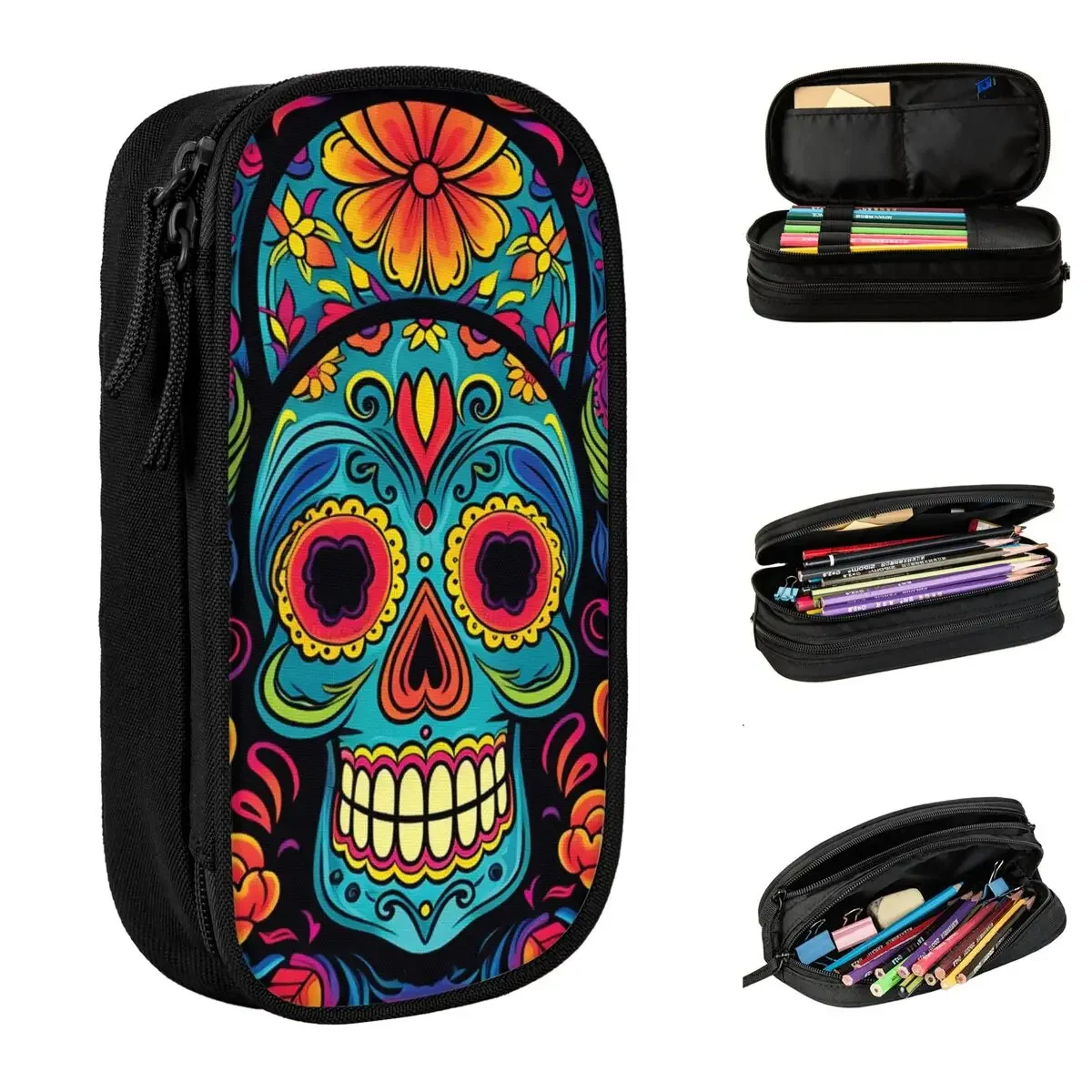 

Classic Folk Art Sugar Skull Day Of The Dead Pencil Case Dia De Los Pencilcases Pen for Student Big Bag Office Gifts Stationery