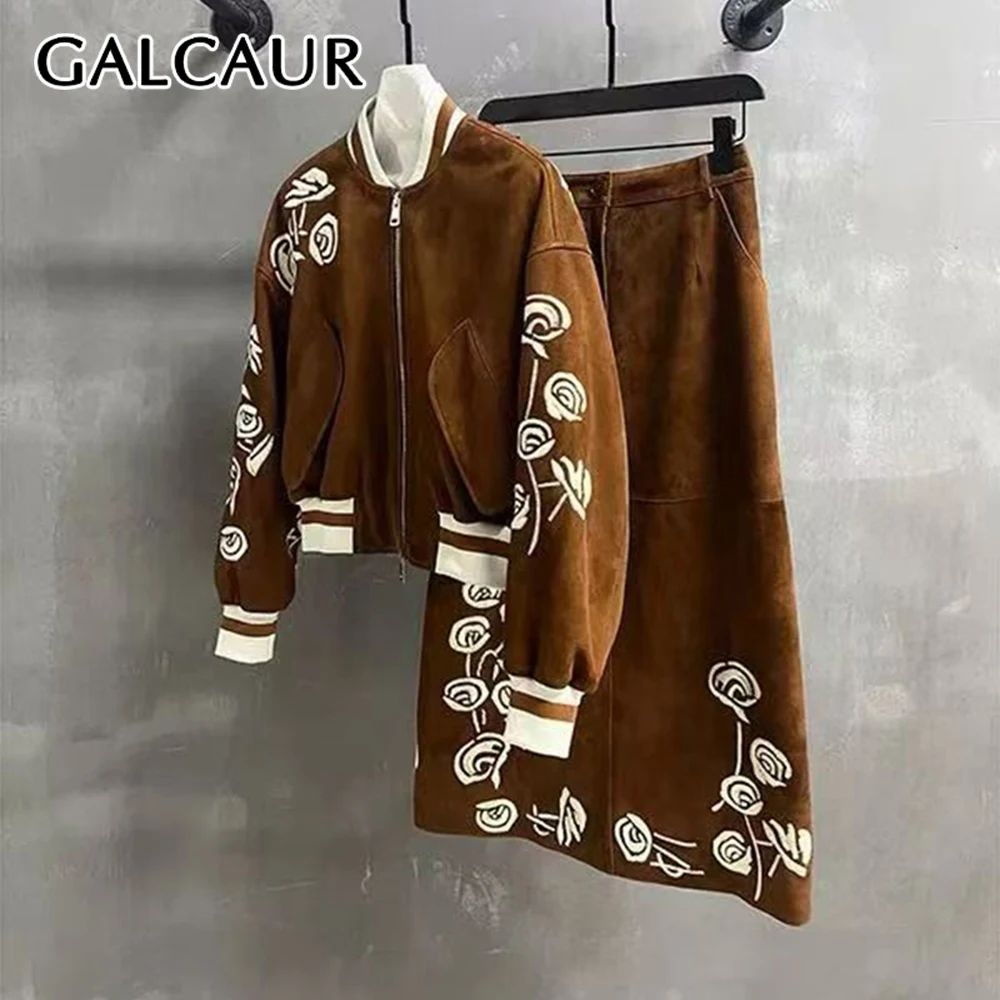 

GALCAUR Solid Spliced Printing Two Piece Set Female Lapel Long Sleeve Jacket Korean Streetwear Women's Skirt Sets Autumn Fashion