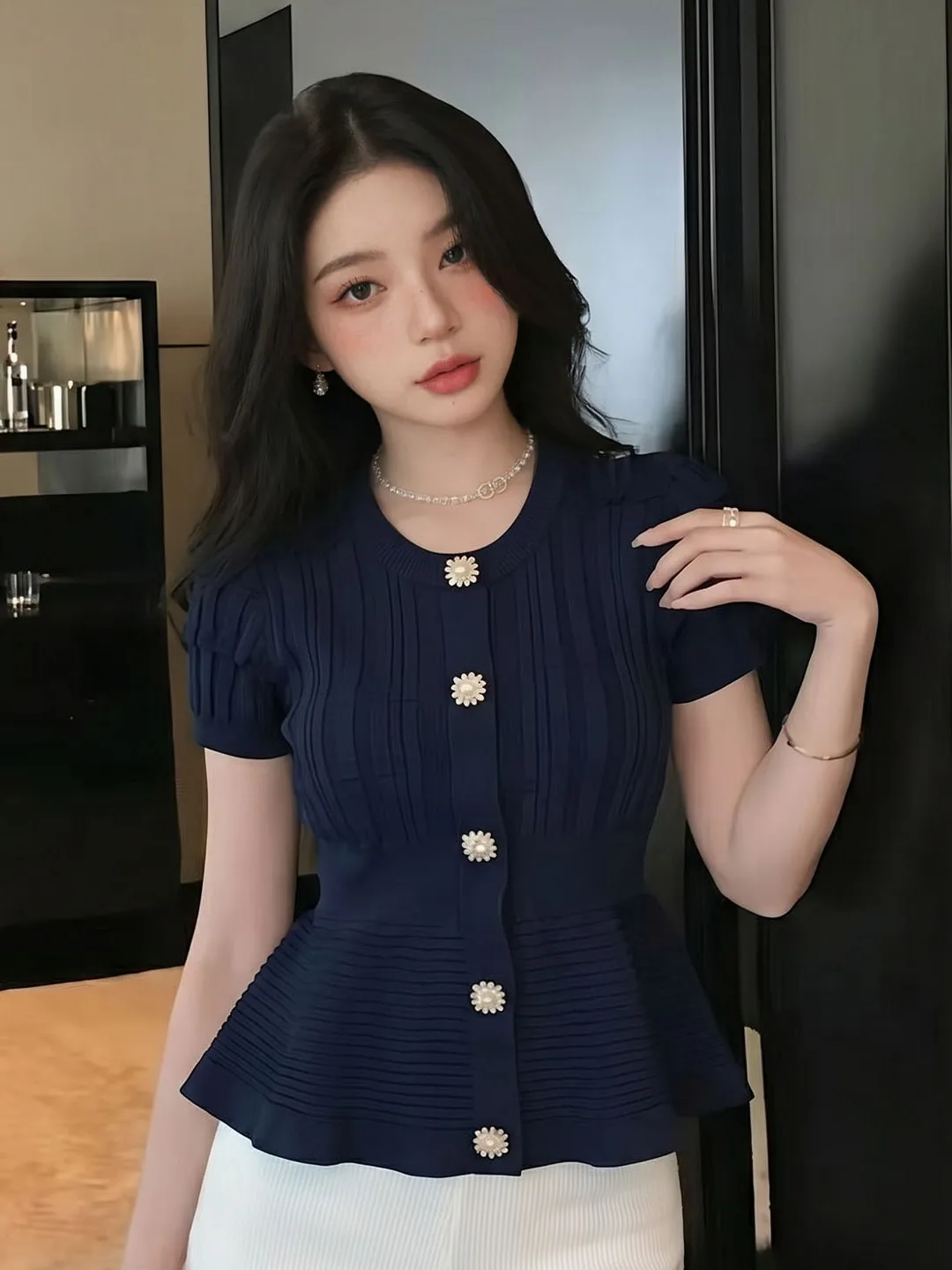 

Slimming Knitwear round Neck Short Sleeve Women's Top Fashionable Casual Style Polyester Fiber Spring Summer Outerwear