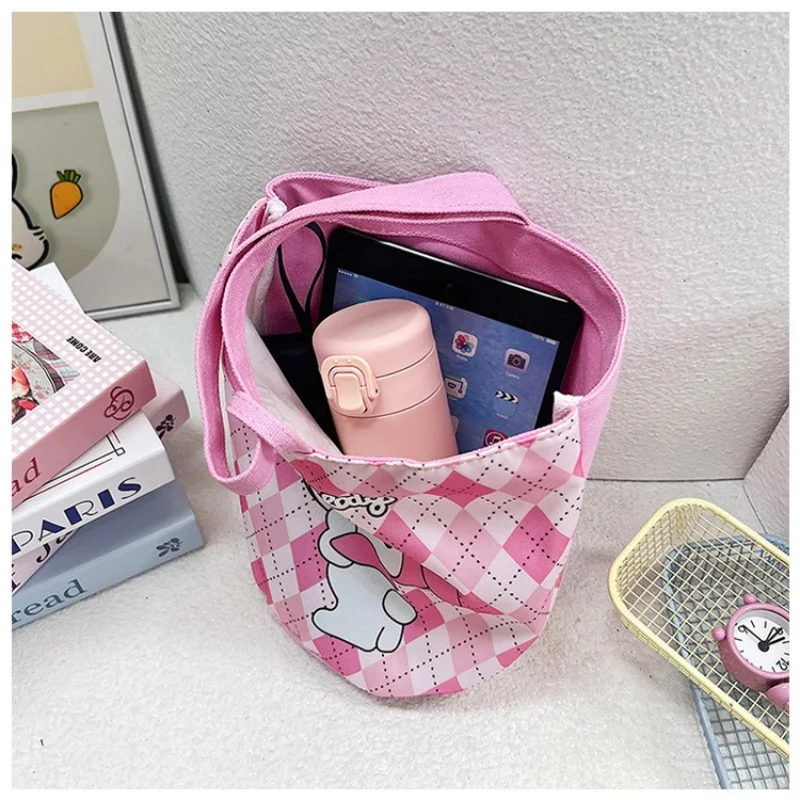 Sanrio Bag Hello Kitty Canvas Checkered Bucket Bag Cute Cartoon Kuromi My melody Cinnamoroll Outdoor Handbag Children Girls Gift