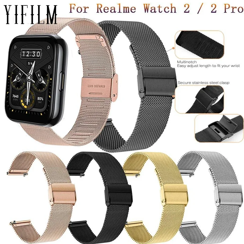 Миланский ремешок для умных часов Realme Watch 2/2, 22 мм, ремешок из нержавеющей стали для часов Realme Watch2 Pro, браслет