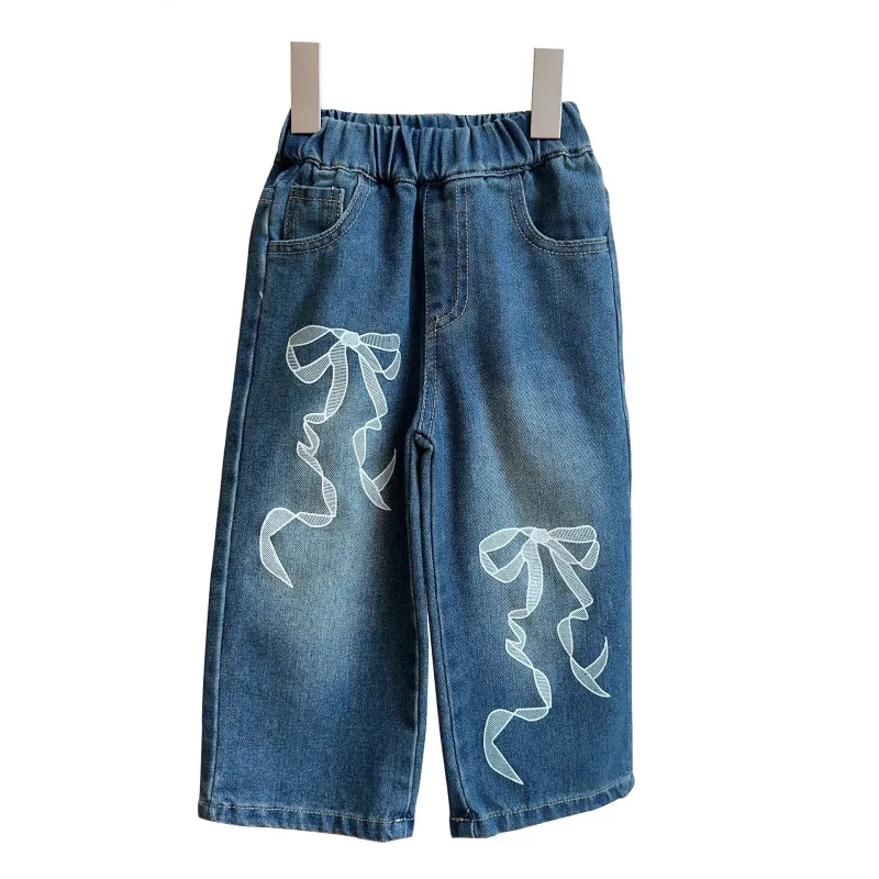 Children's Bowknot Print Jeans New Spring Autumn Girls' Fresh Retro Sweet Loose Wide-leg Pants