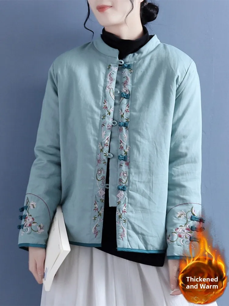 

Chinese Sle Embroidered Cotton Jaet Lightweight down Filled Button up Stand Collar Long Sve Thiened Outerwear Coat