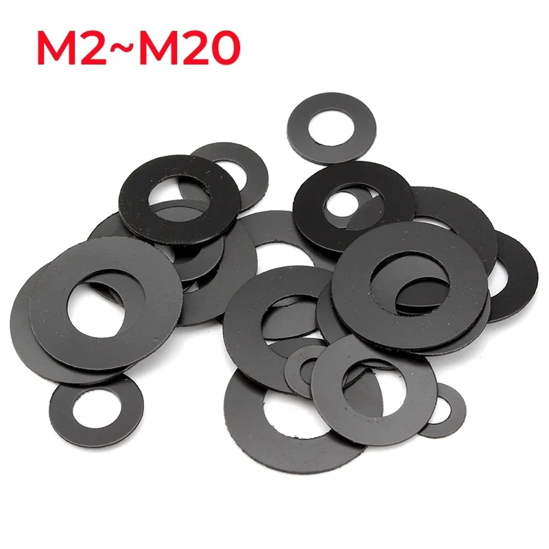 Image of M2 M2,2 M2,3 M2,5 M3 M4 M5 M6 M7 M8 M8,5 M10 M12 M15 M20 Schwarzer Nylon-Flachpolster-Unterlegscheibe, Hobel-Abstandshalter, Isolierungsdichtungsring