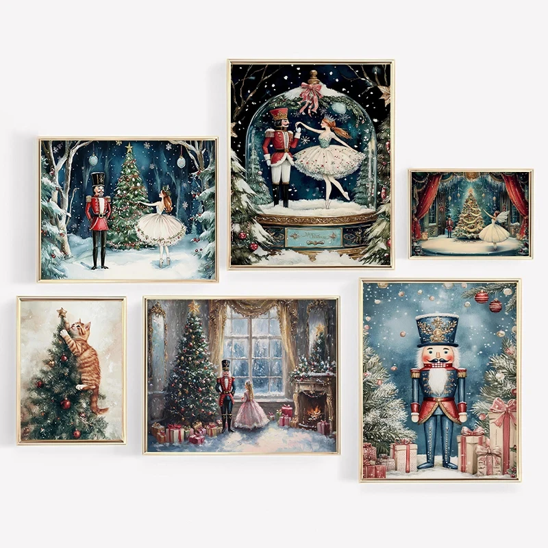 Retro árbol de Navidad bailarina Cascanueces bola de cristal pintura de cuento de hadas póster lienzo impresión cuadro artístico de pared para decoración del hogar