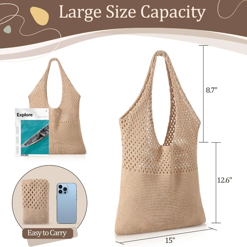 Handmade Crocheted Beach Tote Bag, Foldable Fashionable Mesh Beach Bag, Women'S Shoulder Bag, Bohemian Style Tote Bag