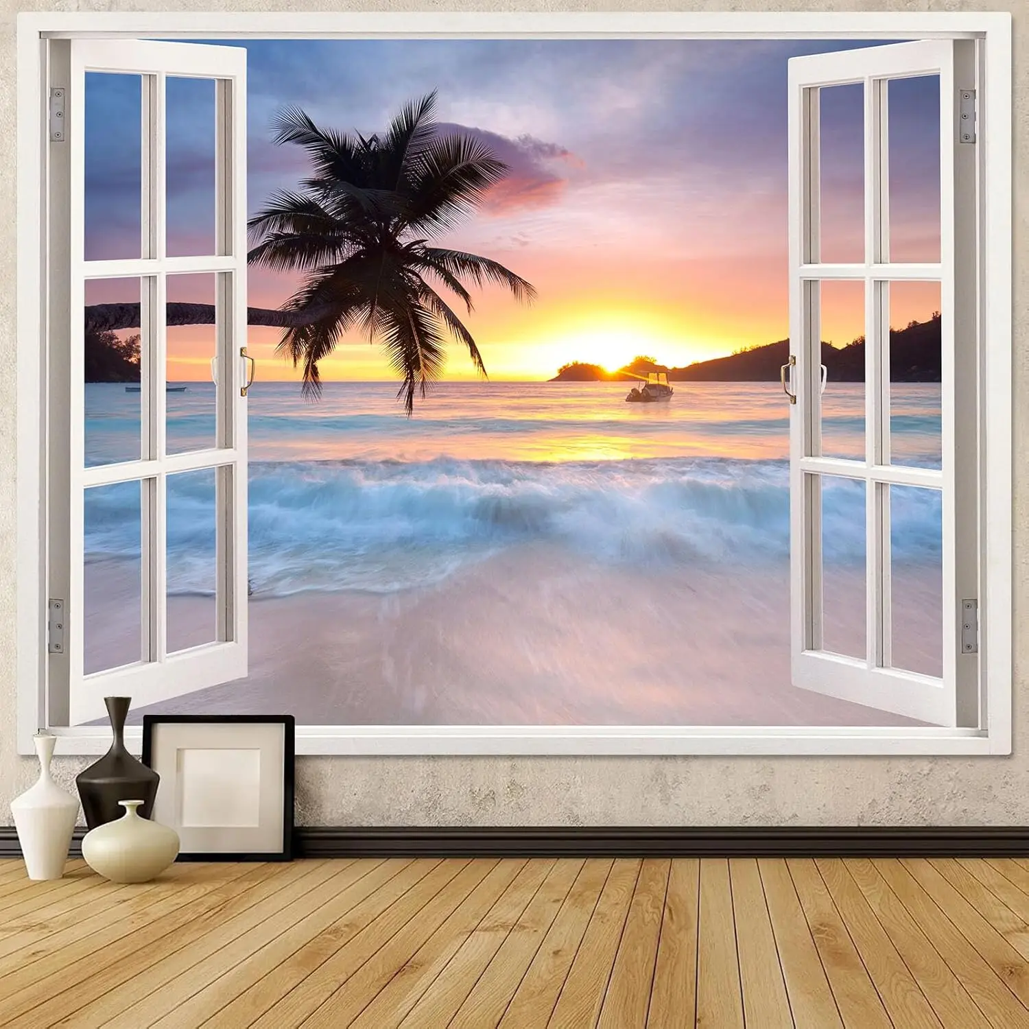 Beach Landscape Tapestry, Tropic Ocean Sea Island Palm Tree Seaside Tapestries for Living Room Summer Window Wall Hanging Yellow
