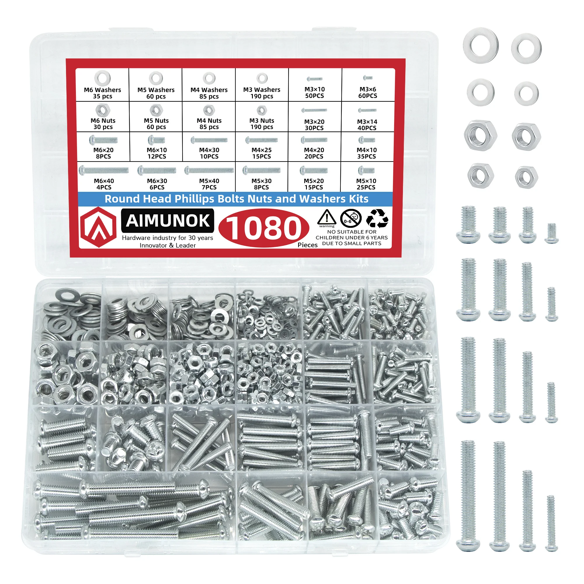 

1080pcs screw bolt and nut and flat washer combination kit, metric,M3/M4/M5/M6 cross slotted flat head hexagon bolt and nut set