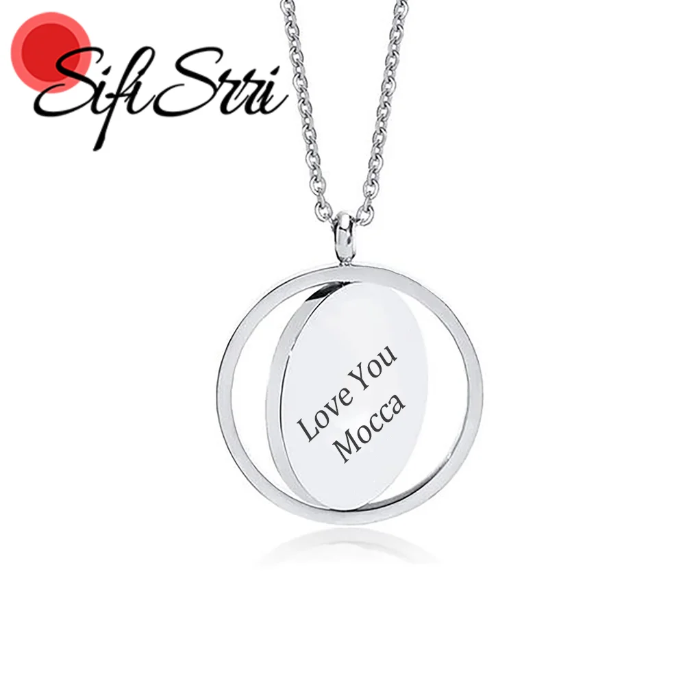 Sifisrri Engrave Picture Name Rotating Round Pendant Necklace For Women Men Stainless Steel Jewelry Personalized Birthday Gift