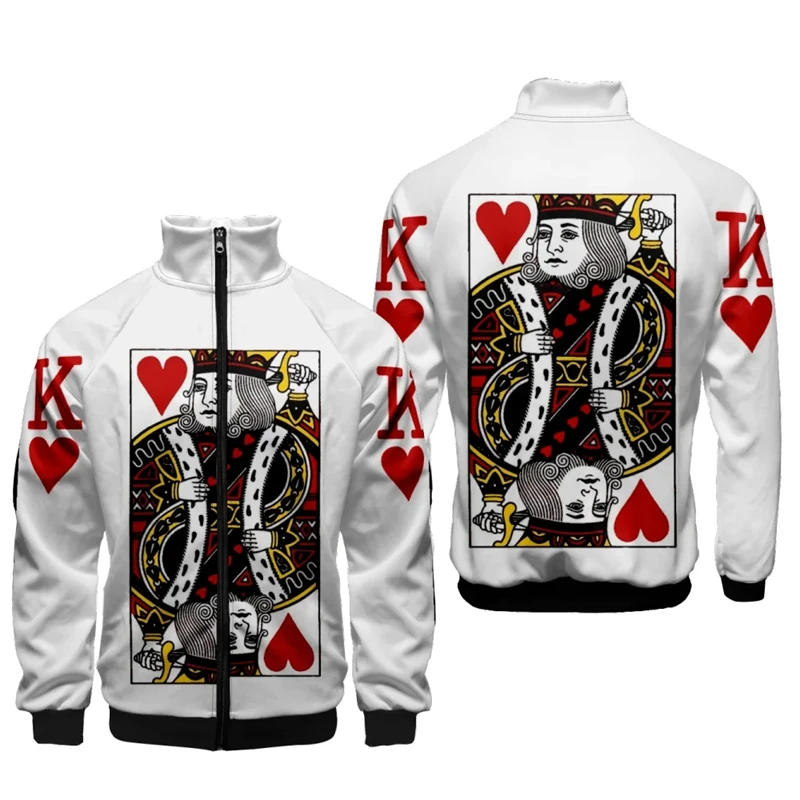 Playing Cards Poker K A Print 3d Stand Collar Hoodies Men Women Zipper Hoodie Casual Long Sleeve Jacket King Queen Coat Clothes