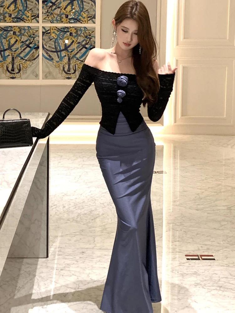 2025 bleu Patchwork noir dentelle Slash cou Sexy longue robe femmes élégant faux deux pièces robe automne hiver coréen robe moulante