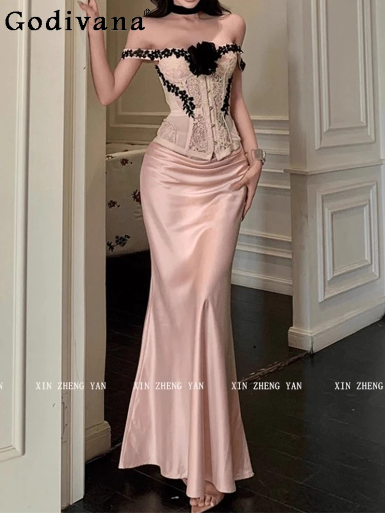 

Spring Autumn Sexy Lace Strapless Slim Slash Neck Top Temperament Girls Fashion Versatile Korean High Waist Pink Fishtail Skirt