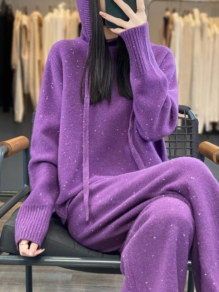 New 100% Australia Wool Set Women's Autumn/Winter Loose Casual Knit Hooded Sweater High Waist Wide Leg Pants Fashion Two Piece