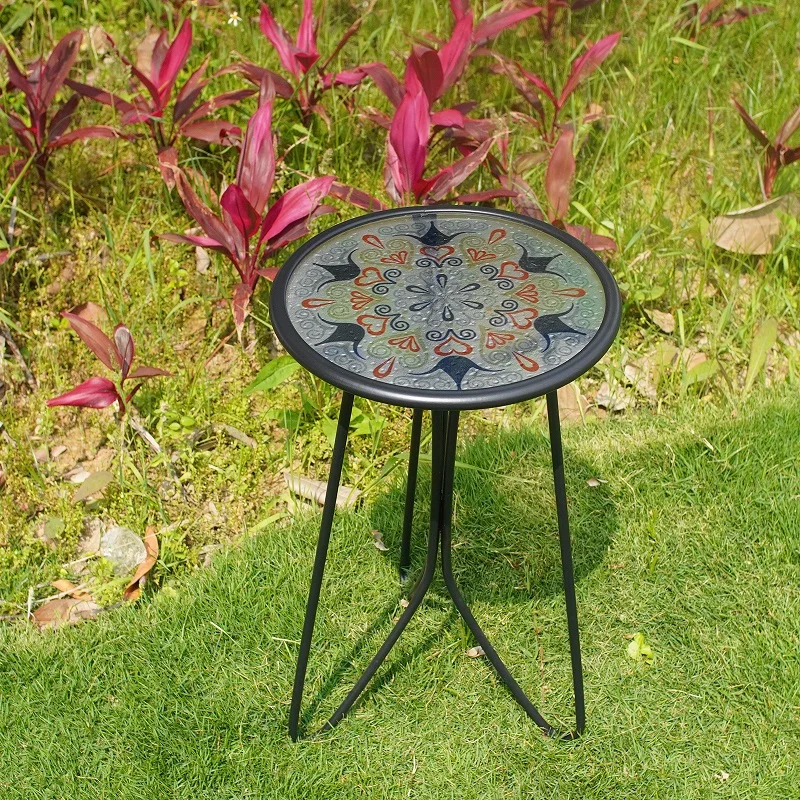 Metal Glass Printed Table for Home, Mesa de café decorativa interior, Mesa lateral ao ar livre do jardim, Sala de estar e varanda