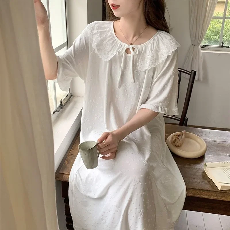 

Simple Casual Style Sleepshirts Polka Dot Small Cherry Lace Ruffle Midi Girl Home Nightdress Summer Latest Pajamas Skirt Women's