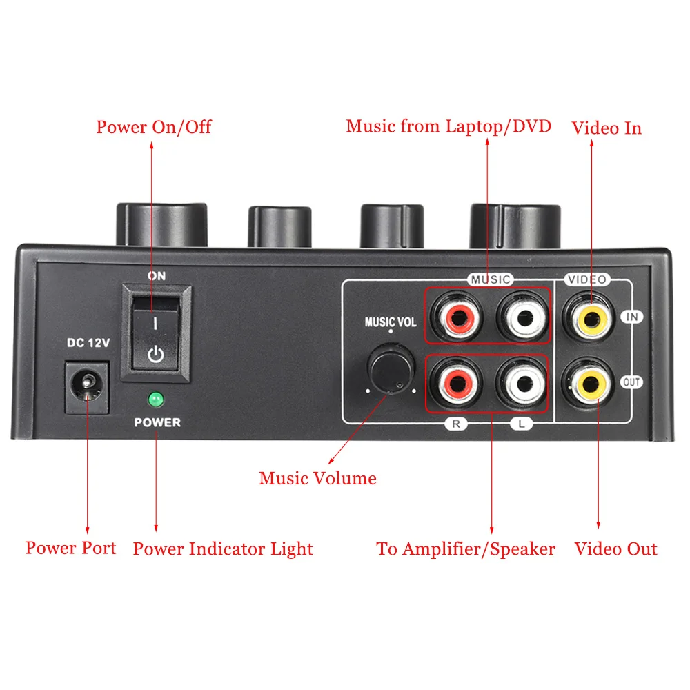 Portable Karaoke Sound Audio Stereo Echo Mixer Dual Microphone Inputs RCA Cable Power Adapter for TV PC Smartphone Amplifier