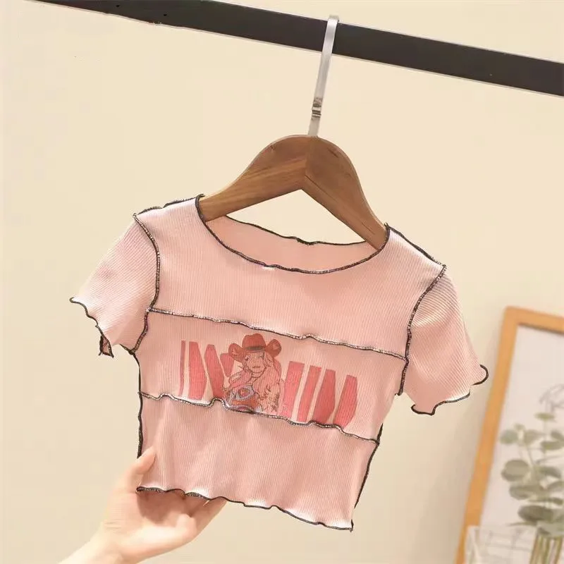 New Summer Girls Clothing Sets Spring Mid size Girls\' Fashion High Waist Tight Short Sleeve+Spliced Bow Jeans Children Clothes
