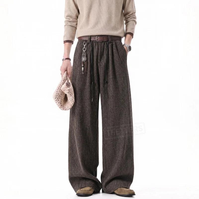 TFETTERS Brand 2026 Men Vintage Relax Curved Suit Trousers Men Autumn Urban Outing Heavy Faux Wool Texture Drape Loose Pants Man