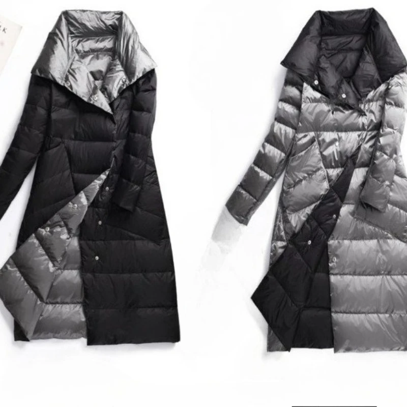 سترة نسائية خفيفة من ريش البط الأبيض مريحة للشتاء جديدة متوسطة وطويلة على الوجهين بطول الركبة بقصة ضيقة