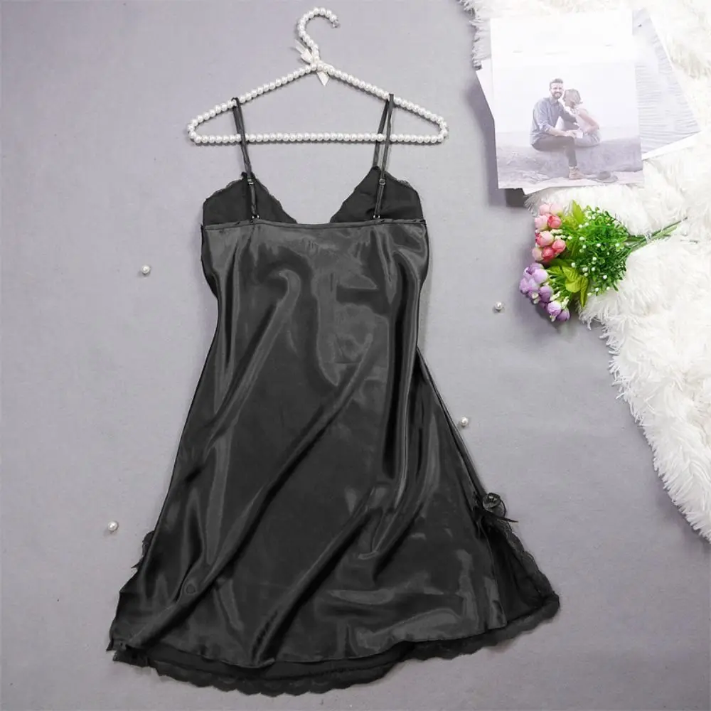 

Fashion Lace Bow Women's Pajama Dress Split Thin Ice Silk Suspender Nightdress Party Dress Sleepwear Slim Sling Nightgown Female