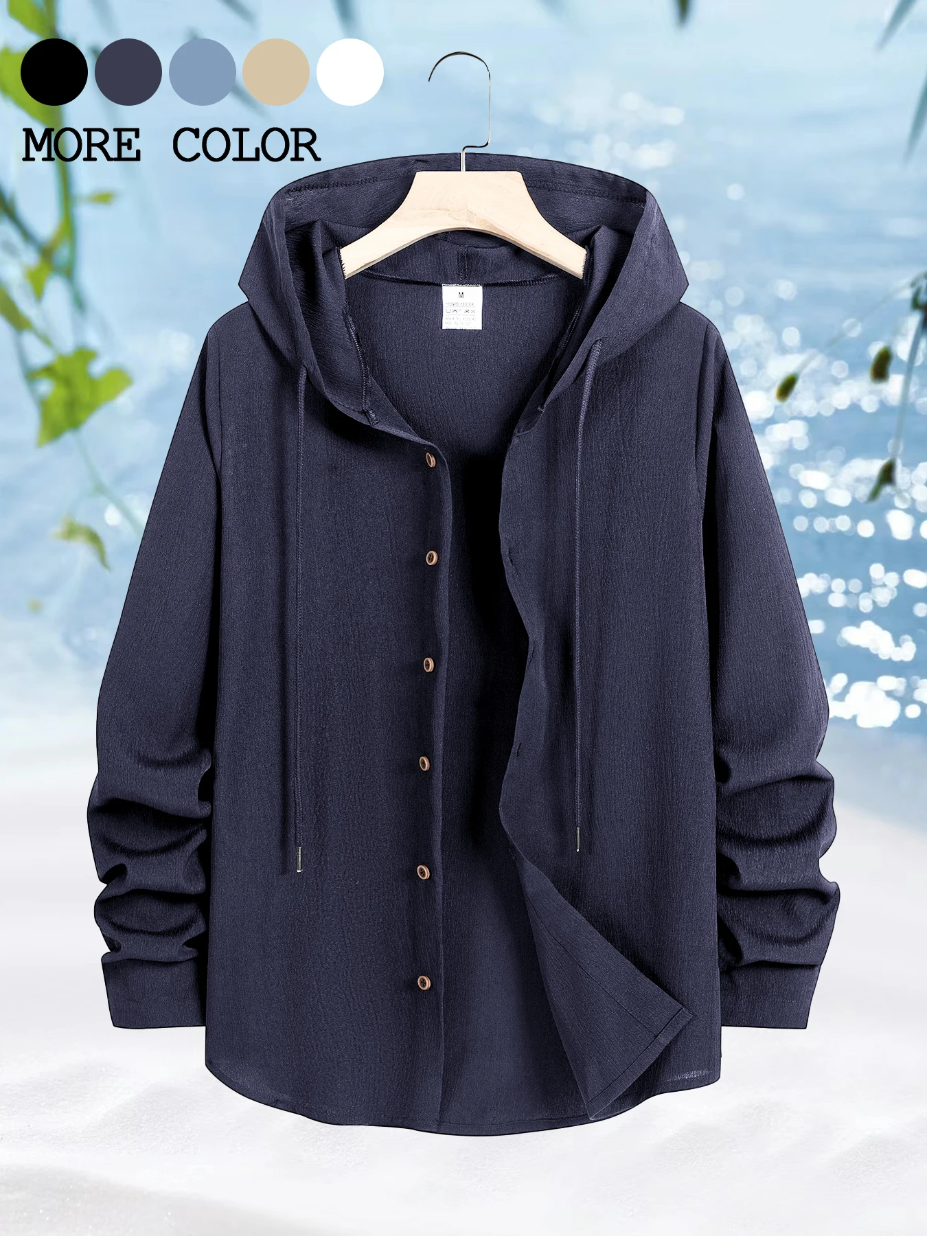 Spring Summer Men's Beach Shirt Large Size Loose Hooded Shirt Solid Color Casual Daily Clothing Men Cardigan Tops Streetwear