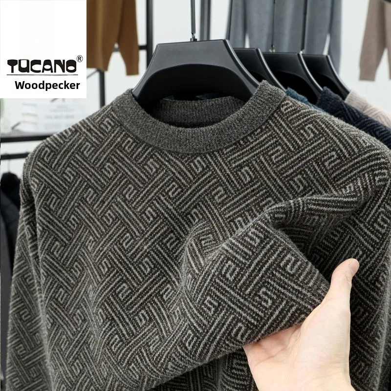 

Мужской вязаный свитер Thiened f с высоким воротником, повседневный теплый топ на подкладке с начесом, одежда для отдыха из смеси шерсти