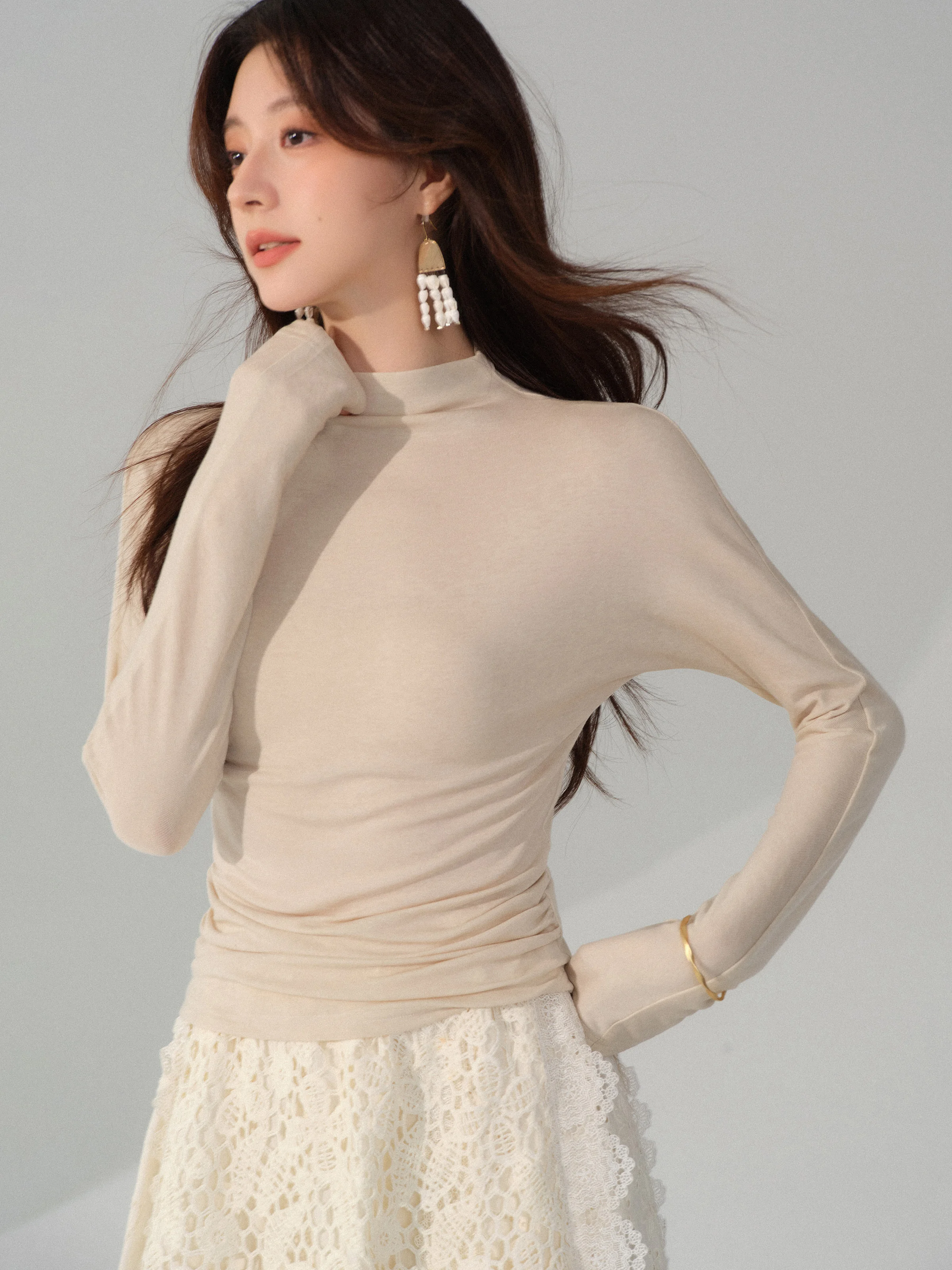 Camiseta elegante de manga larga de punto suave para mujer, cuello simulado, capa Base ajustada, camiseta interior cómoda para otoño e invierno, ropa informal