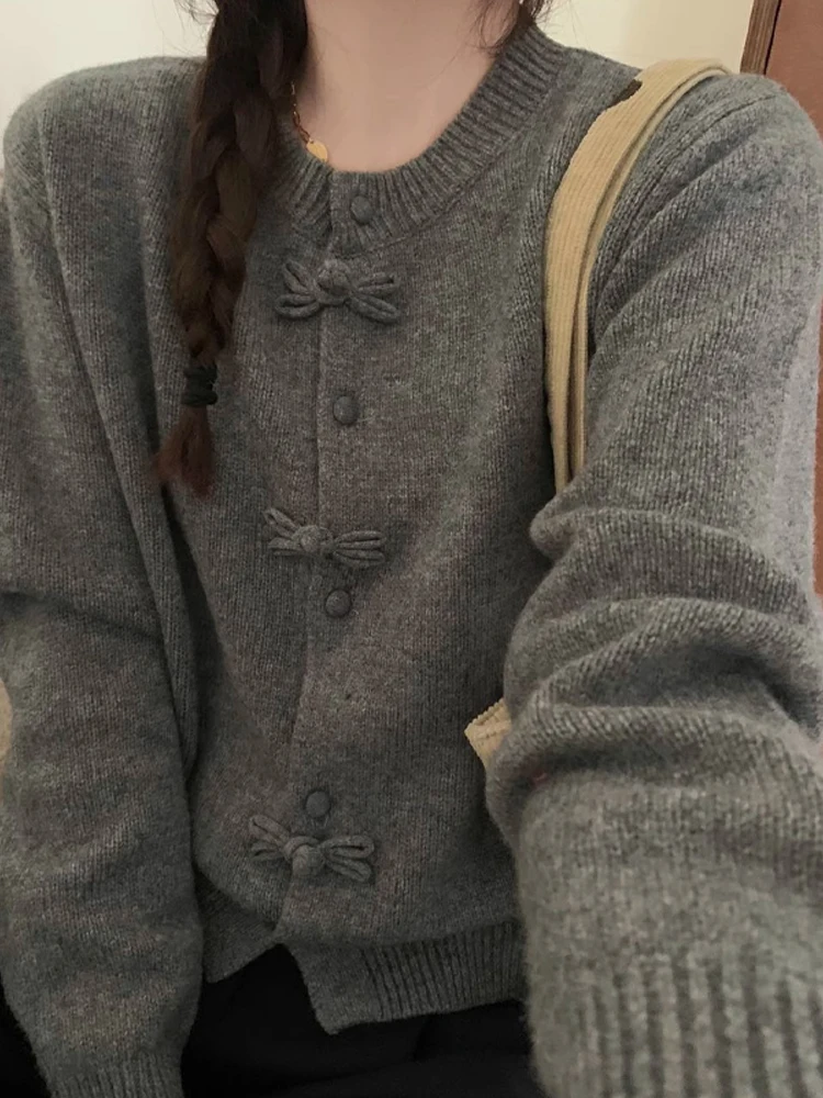 Ano Novo Vermelho Camere Tricotado Longo Sve redondo Ne Suéter Chinês Sle National Faion Botão Design Sensation Lã La...