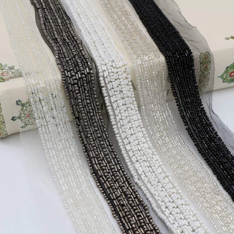 2Yards White Black Pearl Mesh Lace Tape 25mm Beaded Lace Trim Ribbon For Sewing Clothing Wedding Dress Materials