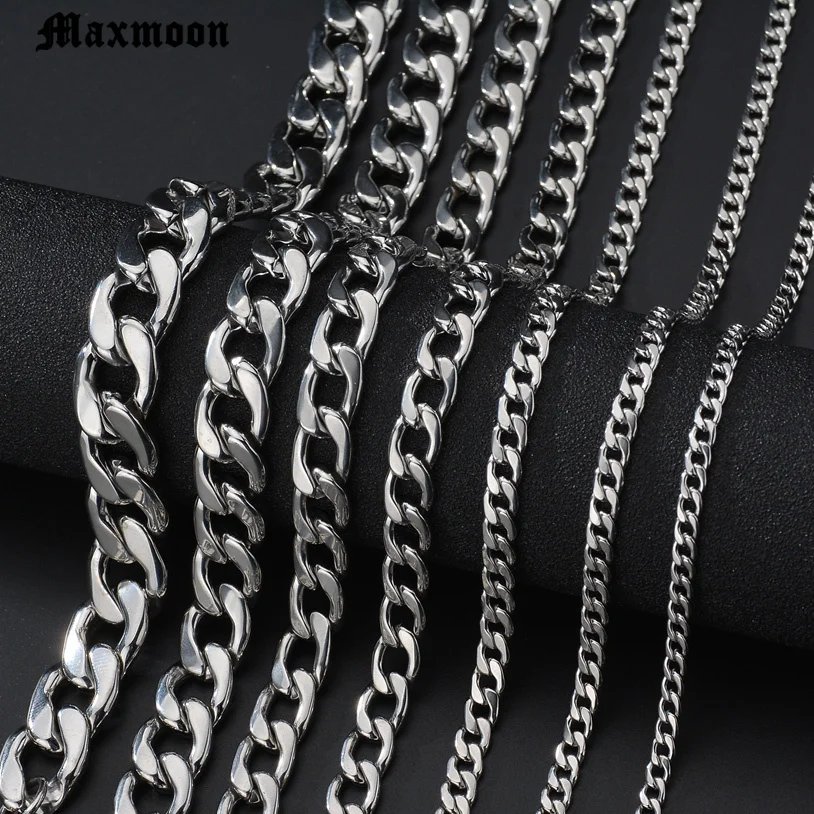 Men Simple 3-11mm Stainless Steel Cuban Link Chain Necklaces for Male Jewelry Solid Gold Black Tone Gifts Miami Curb Chain