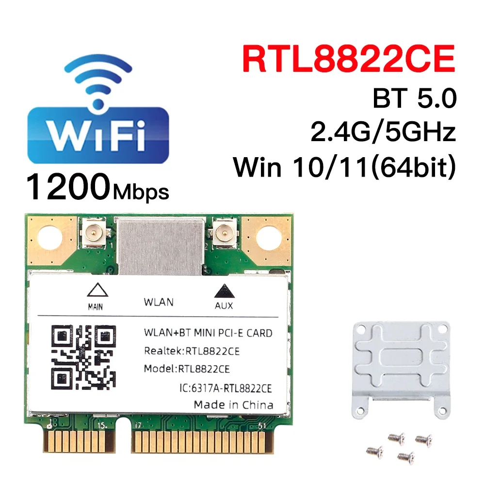 Sem fio Mini Pcie RTL8822CE Placa de rede Wifi 5 Bluetooth 5.0 Adaptador Dual Band 5G/2.4Ghz Para 802.11ac MU-MIMO Laptop/PC