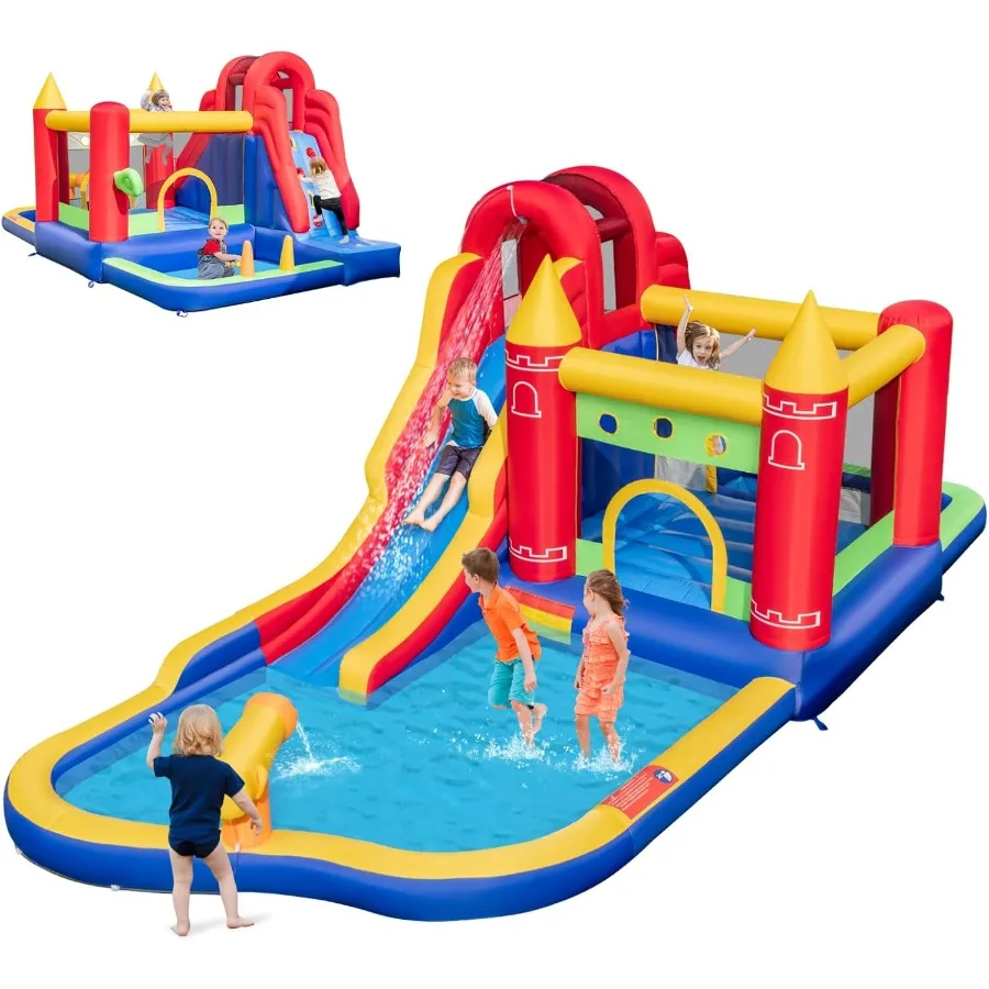 팽창식 워터 슬라이드, 9 in 1 워터슬라이드 바운스 하우스 워터파크 (스플래시 풀, 롱 슬라이드, 볼풀(볼 50개 포함))