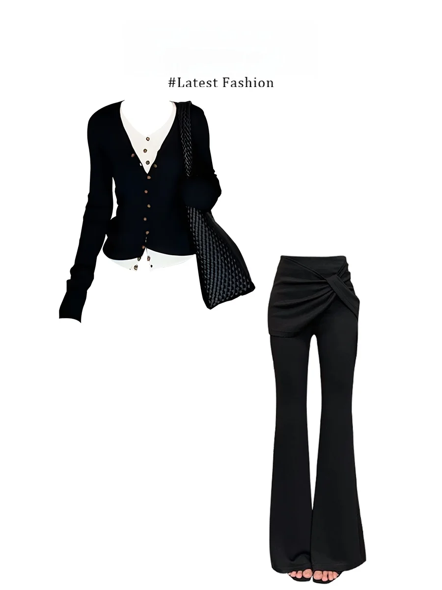 Korean Style V-Neck Knitted Open Cardigan Top And Flared Pants Set Slimming Effect Winter New Arrival Fashion Ensemble