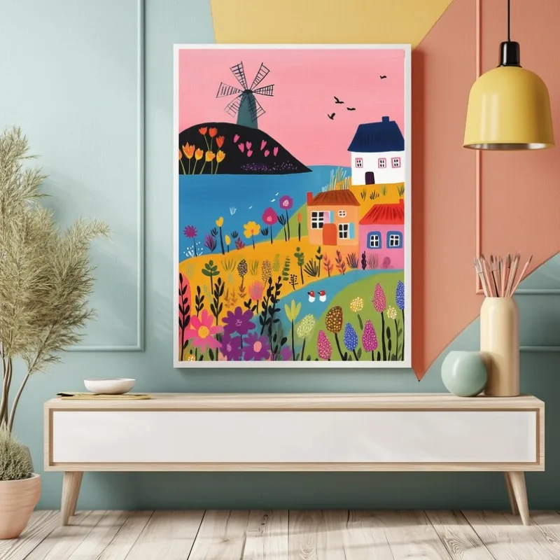 نابضة بالحياة شرفة فناء بحيرة الأزهار عرض المشارك الملونة طبيعة المشهد قماش اللوحة بوهو جدار الفن لغرفة المعيشة ديكور المنزل #3