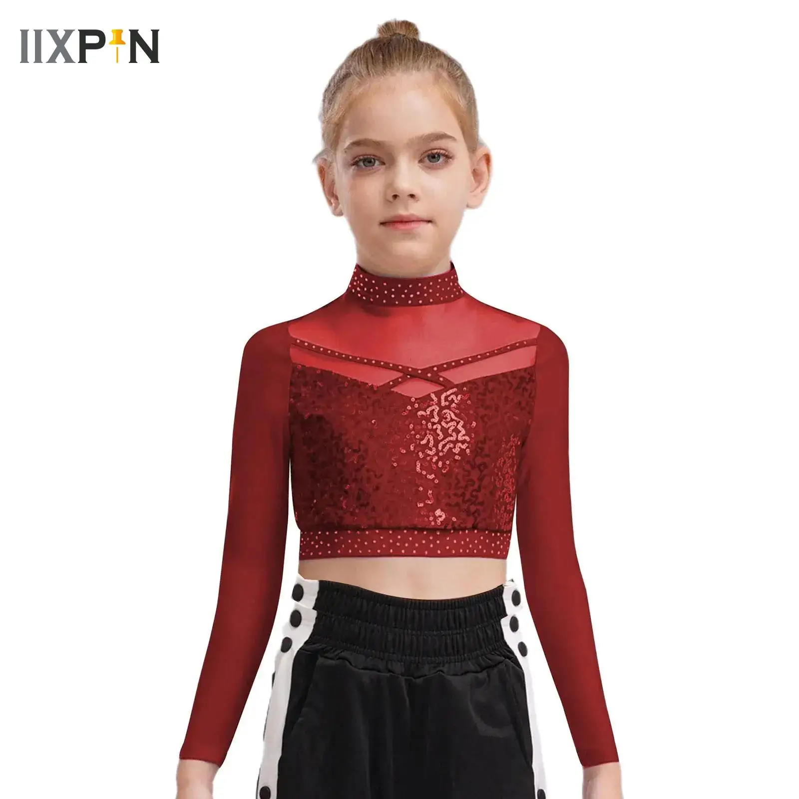 

Jazz Hip-hop Dance Crop Tops Dancewear for Kids Girls Shiny Metallic Crop Top Long Sleeve Sequin Sheer Mesh Athletic T-Shirts