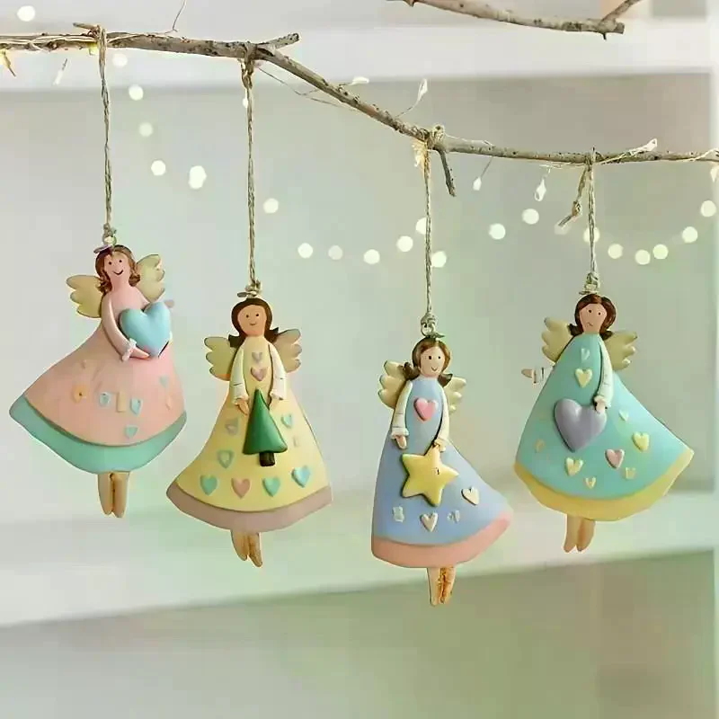 4PCS/Set Vintage Angel Hanging Decor Fantasy Wooden Xmas Tree Hanging Ornament Decor For Home New Year Gift Christmas Decor