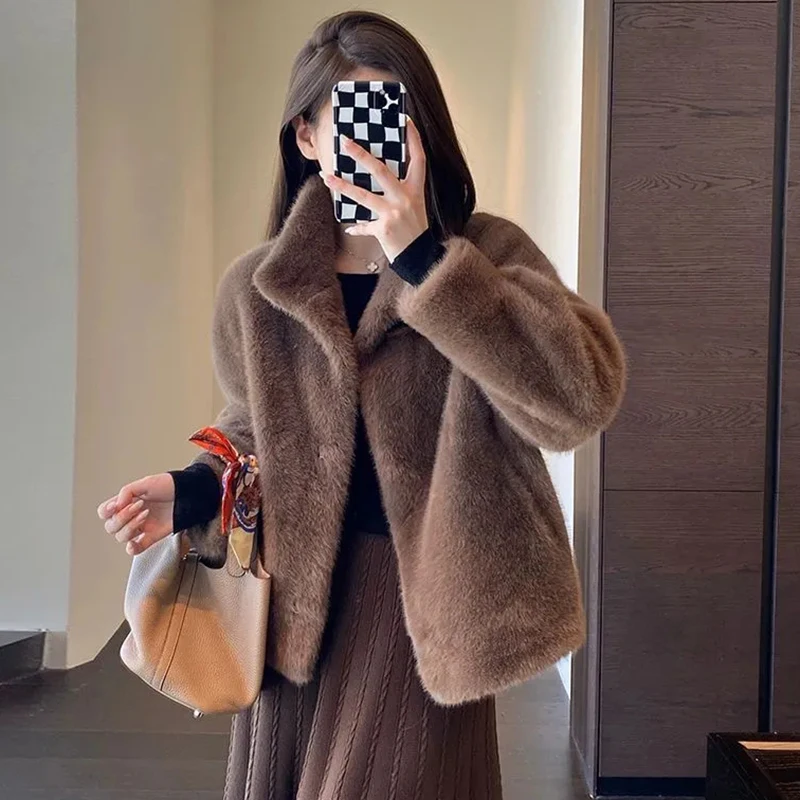 Women Winter Plush Coats Solid Elegant Office Lady Faux Fur Long Sleeve Outwear Female Harajuku Stand Collar Soft Vintage Jacket