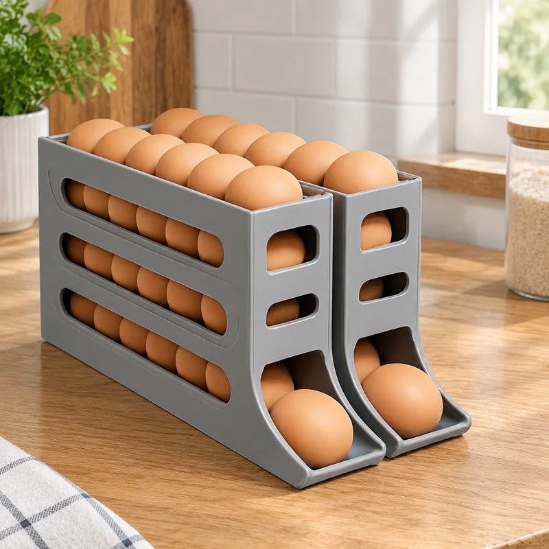 4-Level Rolling Egg Holder Tray for Refrigerator, Space-Saving Kitchen Fridge Storage Rack