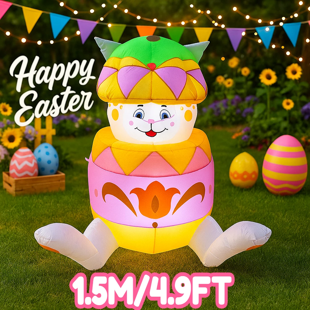1.5M/4.9FT Easter DIY Inflatable Toy Easter Egg Rabbit Decor with LED Light Ornament Gift for Holiday Festival Garden Yard