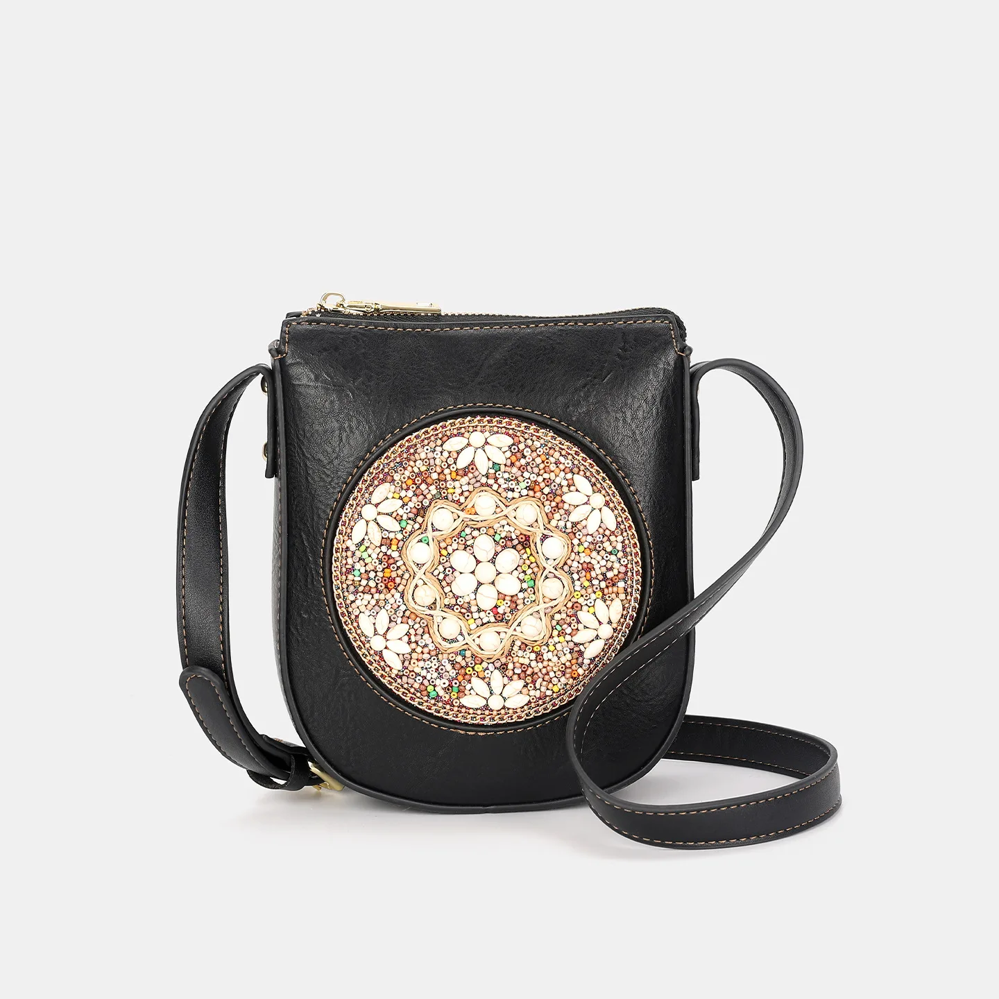 Mandala colorful boho crossbody  Women Ethnic Style Black PU Small Shoulder Bag suede boho crossbody retro boho mini purse