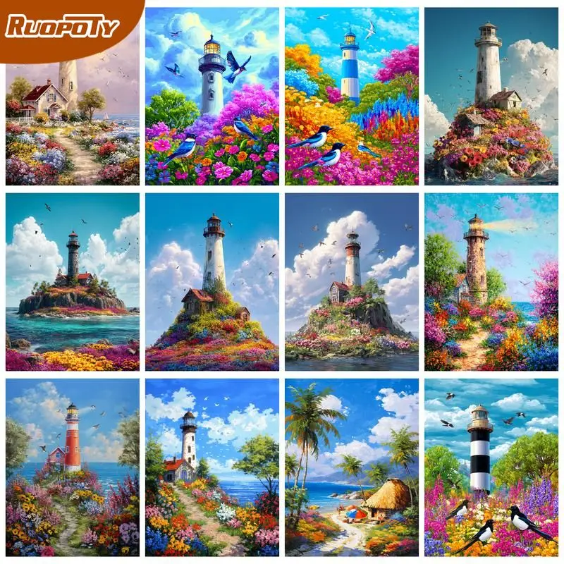 PhotoCustom Painting By Numbers Landscape Lighthouse Picture By Number Handpainted Modern Home Decorations