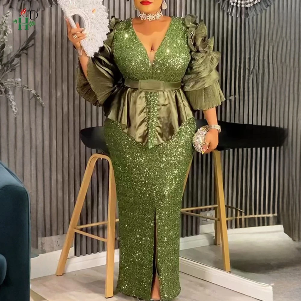 

African Dresses For Woman V Neck Ruffled Peplum Sleeves High Slit Mermaid Dress Turkey Dress Plus Size Wedding Party Gown