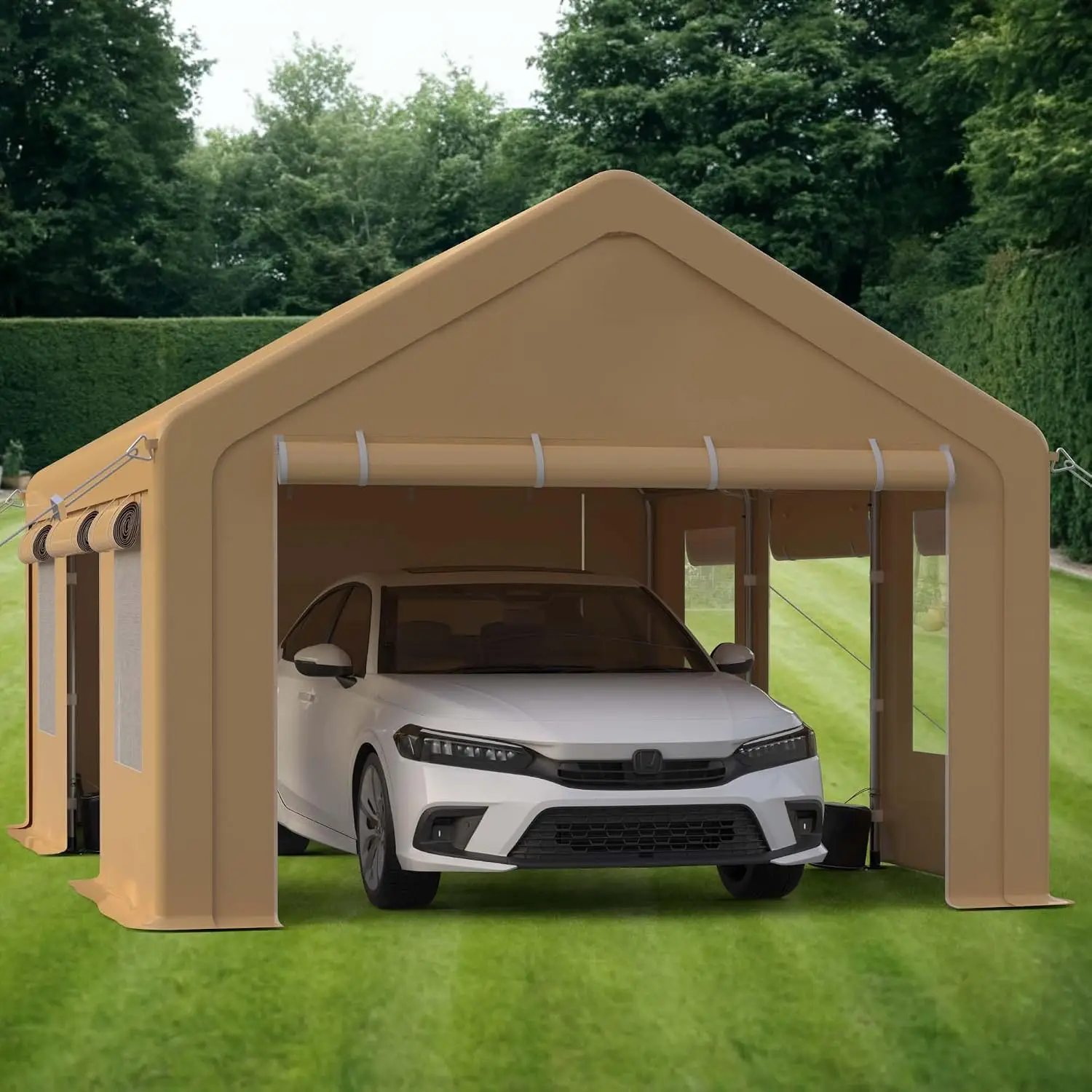 Heavy Duty Carport with 4 Doors & 4 Windows, Reinforced Steel Poles, UV Resistant Waterproof Tarp for Car Truck Boat, Customized