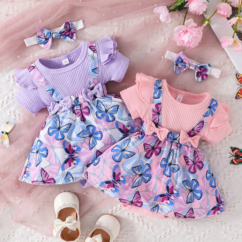 

Newborn Casual Clothing Baby Girls Short Sleeve Round Neck Butterfly Print Romper Dress Toddler Bodysuits + Bow Headband